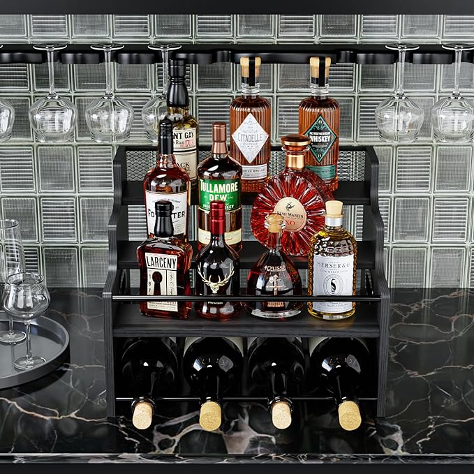 KLM 4-Tier Wood Display Shelf, Black Modern Bottle Organizer, Countertop Bar Stand for Liquor, Coffee Syrup, (Black)