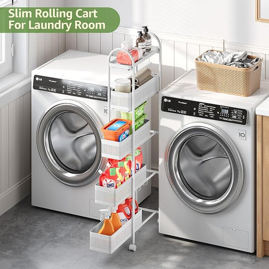 KINGRACK 5-Tier Slim Storage Cart with Pull Out Basket, Rolling Bathroom Organizer Utility, Metal Shelving Unit Slide Out, Lockable Wheels, Easy Assembly for Narrow Place, Kitchen, Laundry Room, White