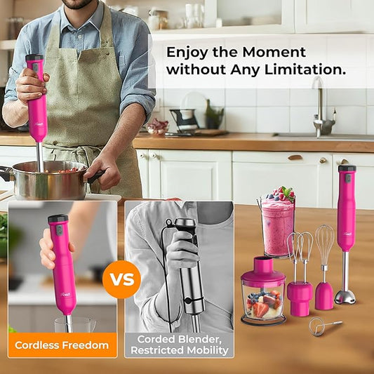 Rosewill 6-in-1 Multi-Speed Cordless Rechargeable Immersion Hand Blender, Heavy Duty Motor - Stick Blender, Beaker, Whisk, Chopper, Dual Beater, Milk Frother - For Smoothies, Baby Food, Soup - Rose