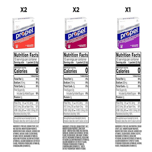 Propel Electrolyte Enhanced Water Drink Mix Powder Packets, 3 Flavor Variety Pack, Zero Calorie & Zero Sugar Hydration with Electrolytes and Vitamins C & E (50 Packets)