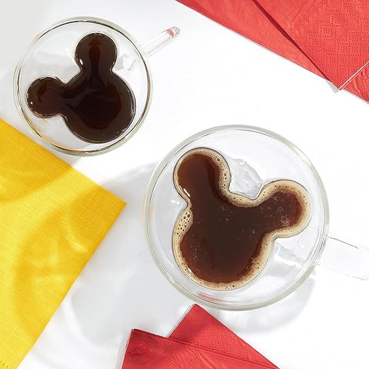 JoyJolt Disney Mickey Mouse 3D Espresso Cups 5.4oz Glass Set of 2 - Insulated Double Wall Design, Unique Coffee Mugs