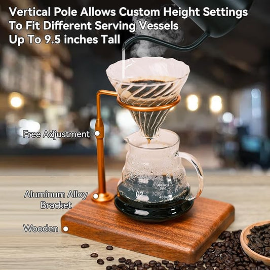 Svfreyavis Pour Over Coffee Maker with Adjustable Stand & Wooden Base, Dripper Stand for Manual Coffee Brewing, Coffee Filter Holder, Tea Strainer Stand for Home, Café, Restaurant, Camping, Golden