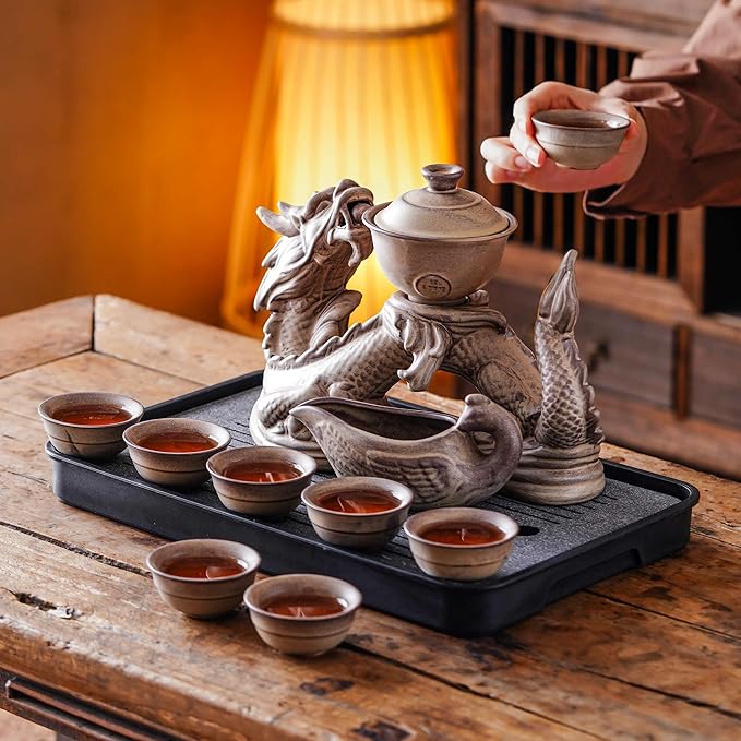 Ceramic Teapot with Infuser Semi Automatic Tea Set Magic Teapot with 8 cups Gradient Color (Retro Dragon- A)