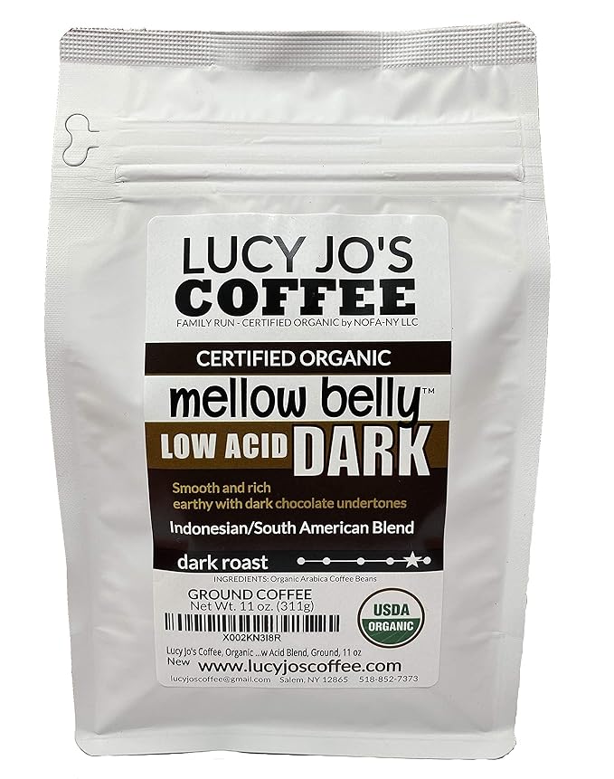 Lucy Jo's Coffee, Organic Mellow Belly DARK Low Acid Blend, Ground, 11 oz