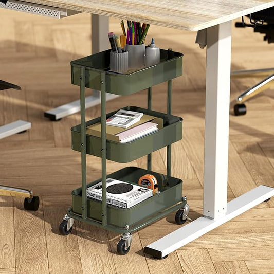 Simple Houseware 3-Tier Compact Utility Rolling Cart, Low 24” Height Fits Under Desk, Space-Saving Storage for Home Office, Dining Room, or Kitchen, Army Green