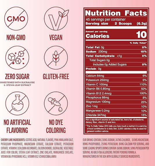 TREVI™ Sugar Free Electrolytes - Everyday Hydration Drink Mix Hydration Powder Multi-Serving Tub - 45 Serving - Cherry Lime