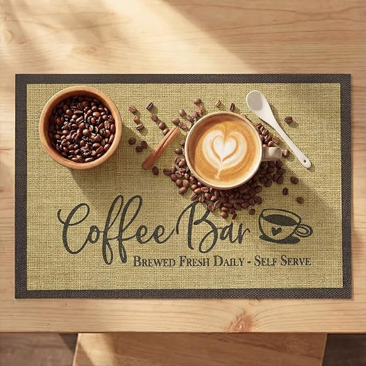 Artoid Mode Coffee Bar Mat Set of 2, Plastic Vinyl Washable Woven Non-Slip Table Mats for Coffee Machine Decor