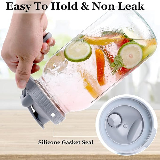 Mason Jar Pitcher Wide Mouth 2 Pack 64 OZ Glass Pitcher With Pour Spout Lids Airtight Leak-proof 2 Quart Water Carafe With Handle For Beverage, Iced Tea, Milk, Sun Tea, Lemonade, Iced Coffee