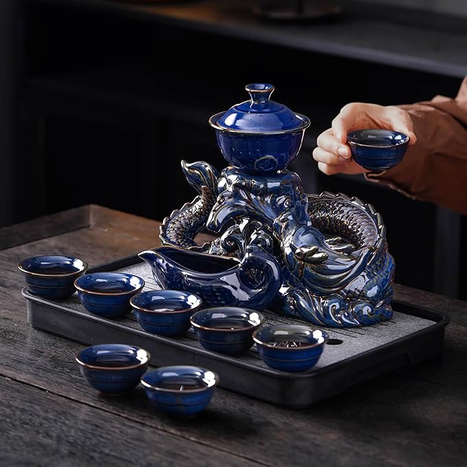 Semi Automatic Tea Set Ceramic Teapot with Infuser Magic Teapot with 8 cups (Dark Blue Dragon-D)