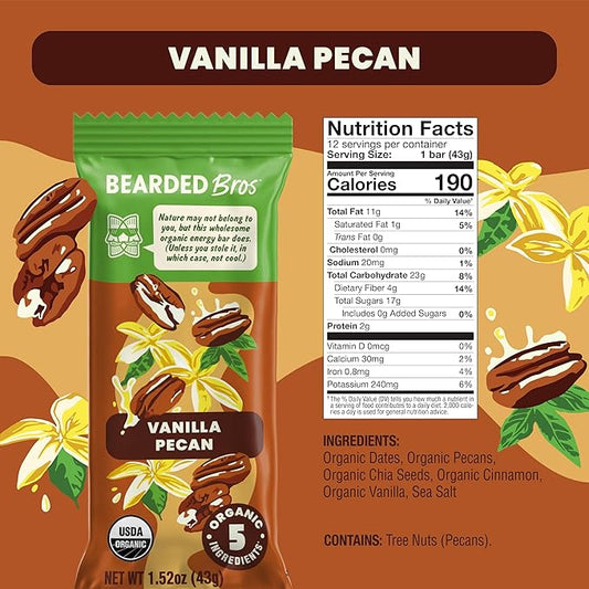 Bearded Brothers Organic Vegan Protein Energy Bars - Gluten Free, Paleo, Fiber, Whole 30 | Non GMO, Soy Free, Low Snacks | 12 Pack Vanilla Pecan