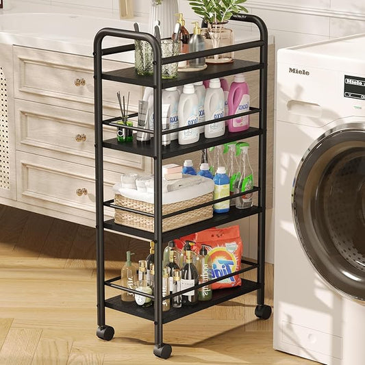 Slim Storage Cart, 4-Tier Small Rolling Cart with Wheels, 9.1" Deep, Narrow Bathroom Shelf Trolley for Kitchen, Bathroom, Laundry Room, Black Large 4-Tier (9.1" W x 33.6" H)