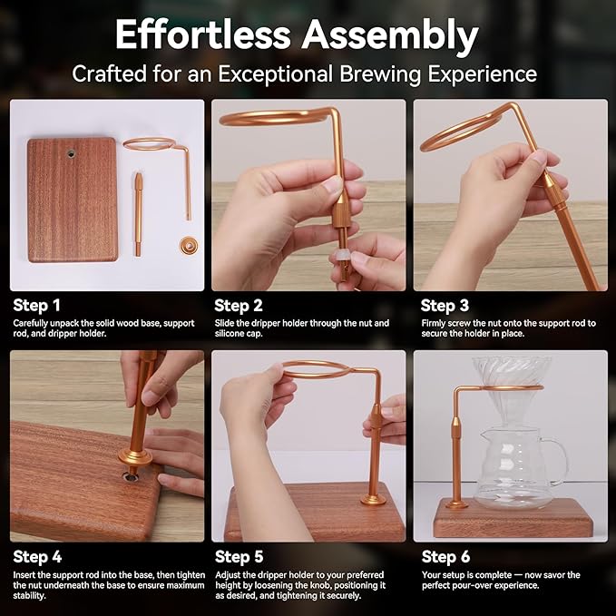 Svfreyavis Pour Over Coffee Maker with Adjustable Stand & Wooden Base, Dripper Stand for Manual Coffee Brewing, Coffee Filter Holder, Tea Strainer Stand for Home, Café, Restaurant, Camping, Golden