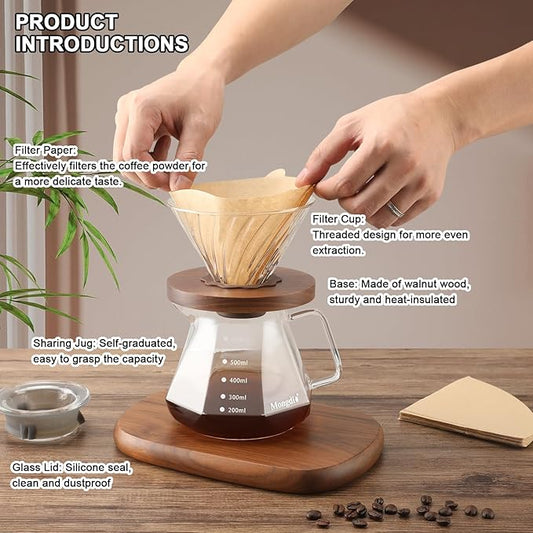 Mongdio Pour Over Coffee Maker, 20 oz High-Heat Borosilicate Glass Coffee Maker with 100pcs Paper Filters, 5 in 1 Drip Coffee Maker Set for Home Café Restaurant and Camping - 600ml, Clear