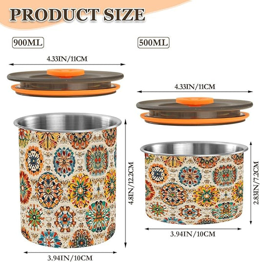 Stainless Steel Coffee Storage Containers with Airtight Lid, Colorful Geometric Mandala Pattern 30oz Food Storage Container Kitchen Canister for Tea, Coffee Beans, Ground, Sugar Storage