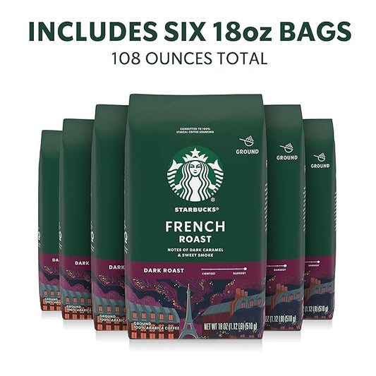 Starbucks Ground Coffee, Dark Roast Hot or Iced Coffee, French Roast, Six 18 oz Bags
