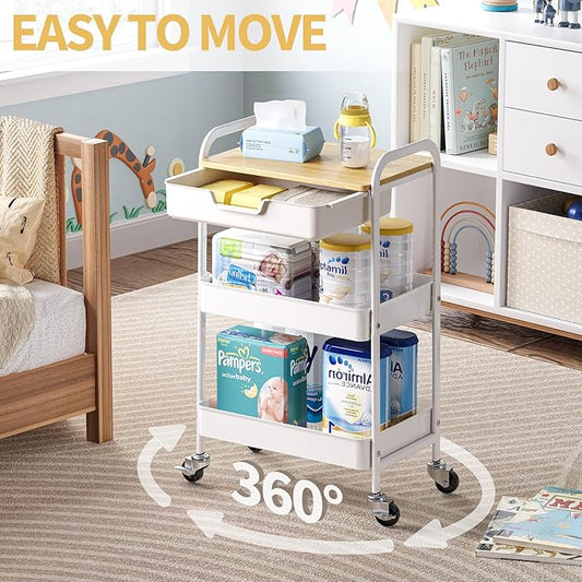 TOOLF 3-Tier Metal Utility Rolling Cart with Drawer and Wooden Table Top, Storage Cart White Trolley Kitchen Organizer Rolling Desk with Locking Wheels for Office, Classroom, Home, Bedroom