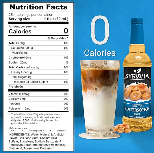 Syruvia Sugar Free Coffee Syrup, Butterscotch Flavored Syrup for Drinks, Lattes, and Desserts – 25.4 fl oz, With Pump
