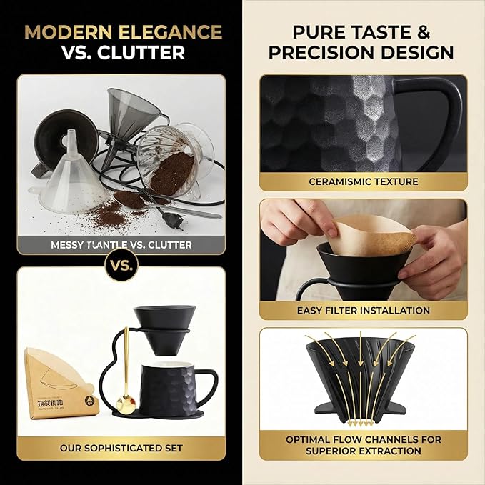Pour Over Coffee Maker set,Ceramic Coffee Maker With V60 40 pcs Paper Filter,Metal Stand 9oz 270ml mug Pour Over Coffee Dripper black