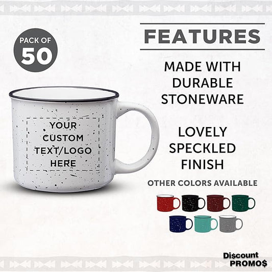 DISCOUNT PROMOS Custom Ceramic Campfire Coffee Mugs 13 oz. Set of 50, Personalized Bulk Pack - Perfect for Tea, Espresso, Cappuccino, Hot Cocoa - White