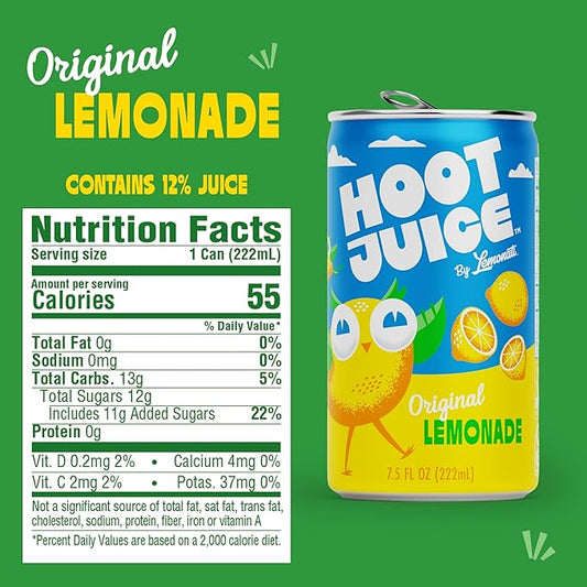 Hoot Juice Lemonade By Lemonati, No Artificial Sweeteners or Flavors, Gluten-Free, Kosher, Non-GMO, Vegan, 7.5 Fl Oz Mini-Cans, Pack of 24, Original Lemonade