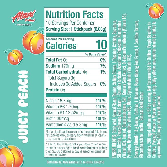 Alani Nu JUICY PEACH Energy Sticks | Energy Drink Powder | 200mg Caffeine | Pre Workout Performance with Antioxidants | On-The-Go Drink Mix | Biotin, B Vitamins | Zero Sugar | 10 Calories | 10 Pack