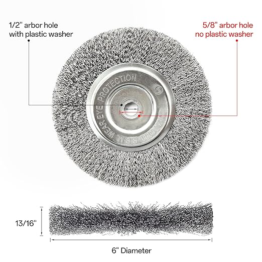 YKLP 6 Inch Wire Wheel Brush for Bench Grinder Grinding Wheel,Coarse Crimped Steel Wire 0.012" with 1/2" & 5/8" Arbor for Rust Removal, Cleaning, Polishing,1PC