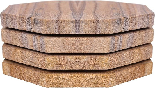 Sandstone Water Absorbent Hand Crafted Octagon Coasters with Holder for Drinks 4 Inches Wide Thirsty Stone Bar/Drink Coasters Made from Real Solid Stone (with Holder, Set of 4)