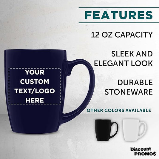 DISCOUNT PROMOS Custom Curved Java Coffee Mug 12 oz. Set of 10/50/100 - Personalized Bulk Pack - Stoneware Restaurant Cups - Cobalt Blue