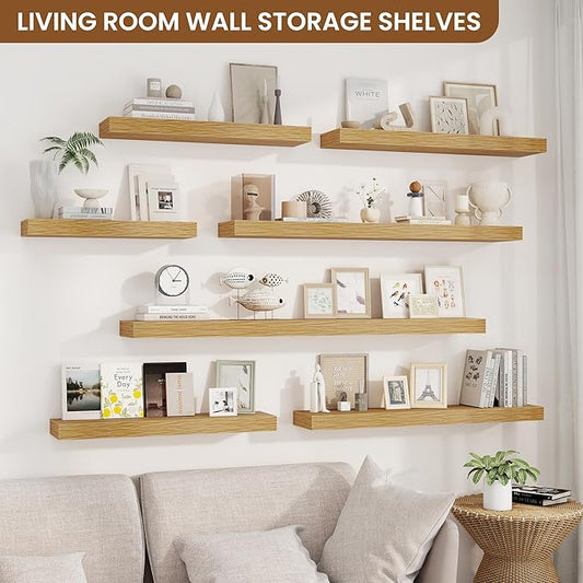 fuqing Floating Shelves for Wall, Wall Mounted Wood Floating Shelf with Invisible Brackets for Living Room, Bathroom, Bedroom, Kitchen Storage and Decor, 36 Inch Set of 2, Oak