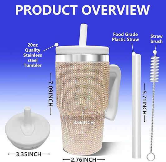 20-OZ Insulated Water Bottle,Insulated Stainless Steel Tumbler,Reusable Cold Drink Thermos,BPA-Free, Double-Wall Stainless Steel Water Bottle (White-Diamond, 20, Fluid Ounces)
