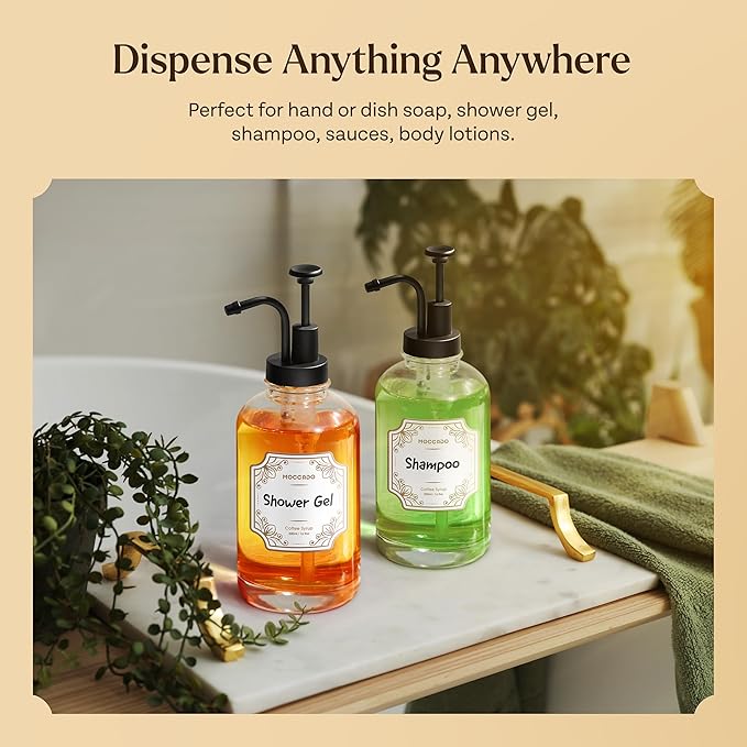 Glass Coffee Syrup Dispenser for Coffee Bar - Set of 4 Black 16.9 oz / 500 ml Glass Syrup Bottles, Includes 2 Bamboo Trays, 16 Stencils, Labels, Syrups Pumps