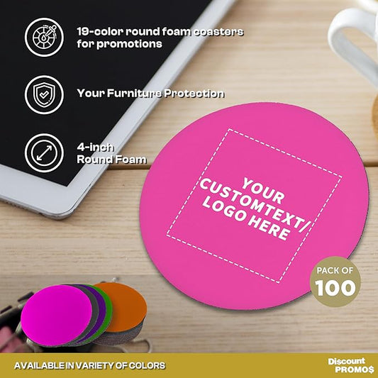 100 Round Foam Bud Coasters Pack, 4 inch - Customizable Text, Logo - PU Foam, Party Favor - Neon Pink