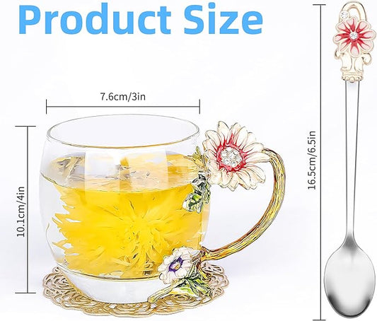 Flower Tea Cup,Butterfly Daisy Glass Fancy Coffee Mug with Spoon,Gift Box for Her Mom Wife Grandma Girls Friends Valentines Christmas Birthday Present Idea for Juice,Hot/Cold Drinks Use (purple-A)