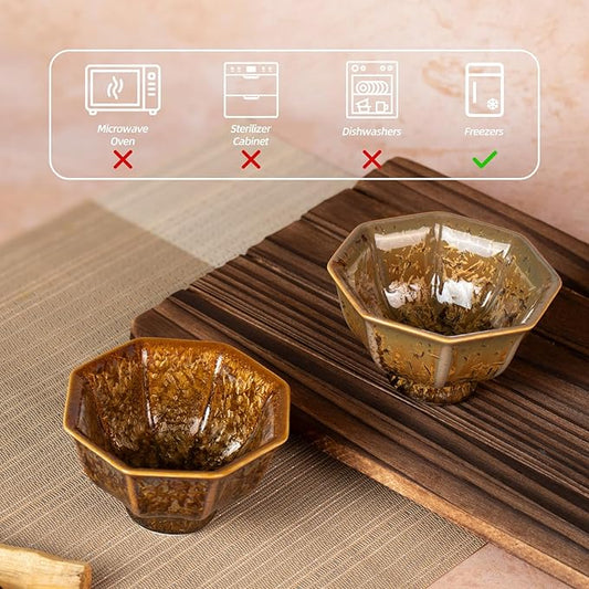 KAMMAK Ceramic Tea & Coffee Cups Set of 2 - Vintage Crystalline Glaze Espresso Mugs, 3.4oz Hand Painted for Afternoon Tea or Coffee, Birthday Gift for Women Men, Tall Octagonal Cup