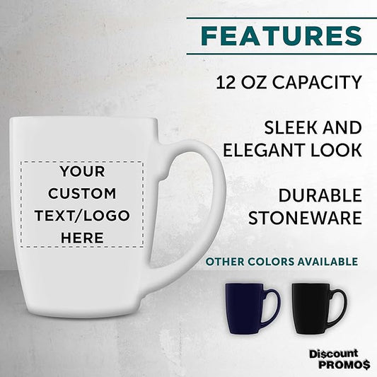 DISCOUNT PROMOS Custom Curved Java Coffee Mug 12 oz. Set of 10/50/100 - Personalized Bulk Pack - Stoneware Restaurant Cups - White