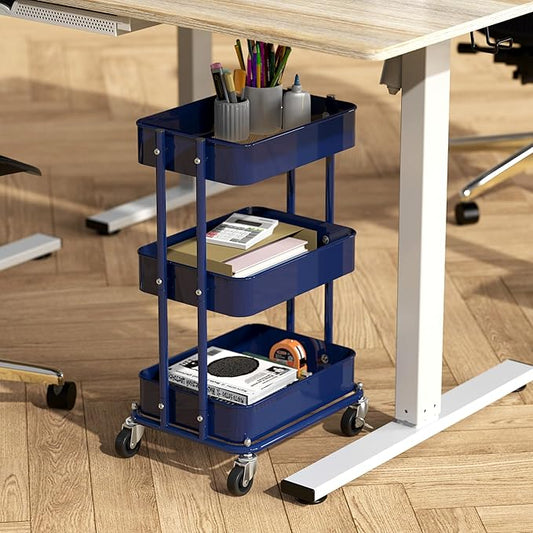 Simple Houseware 3-Tier Compact Utility Rolling Cart, Low 24” Height Fits Under Desk, Space-Saving Storage for Home Office, Dining Room, or Kitchen, Navy