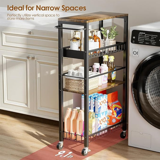 Slim Storage Rolling Cart, 4 Tier Narrow Cart with Wheels, Metal Kitchen Rolling Cart for Small Spaces, Slide Out Storage Shelves for Kitchen, Laundry Room, Bathroom, Living Room, 9.1in(W)