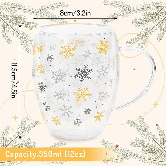 JarThenaAMCS Christmas Double Wall Glass Coffee Mugs 12Oz Gold Silver Snowflake Insulated Glasses Clear Espresso Cups with Handle for Winter Xmas Holiday Supplies, Set of 2