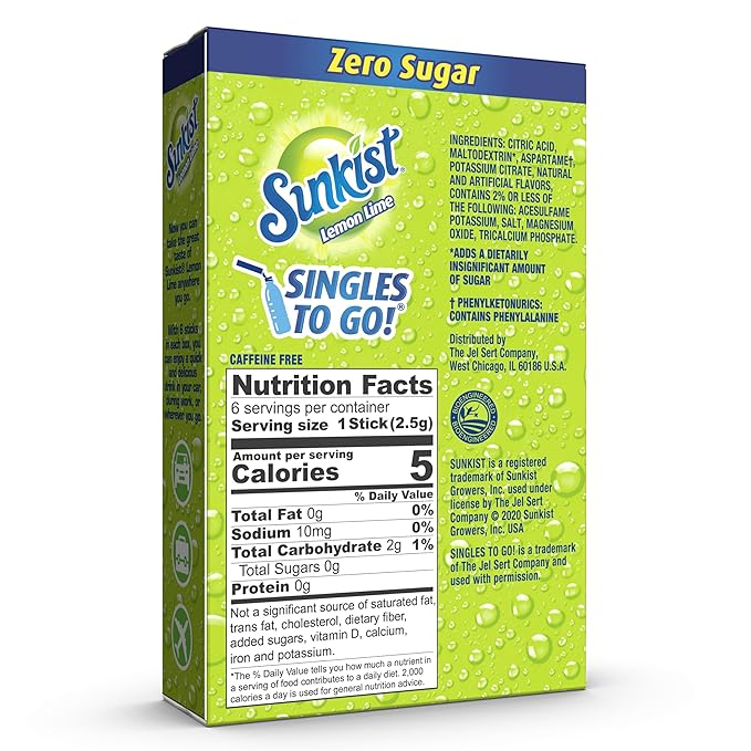 Sunkist Soda Lemon Lime Singles To Go Drink Mix, 0.53 OZ, 6 CT (Pack of 12)