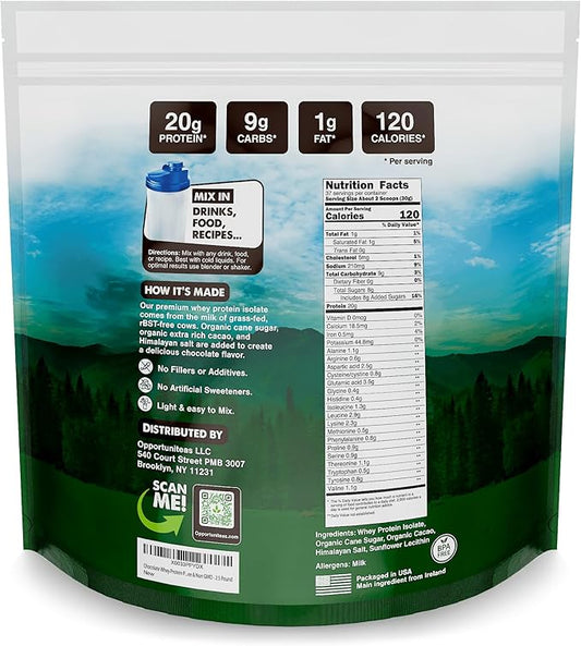 Opportuniteas Grass Fed Chocolate Whey Isolate Protein Powder – 20 g Protein, Heavy-Metal Tested, Made with Organic Cacao & Organic Cane Sugar, Non-GMO, Hormone-Free, Sourced from Ireland, 2.5 lb