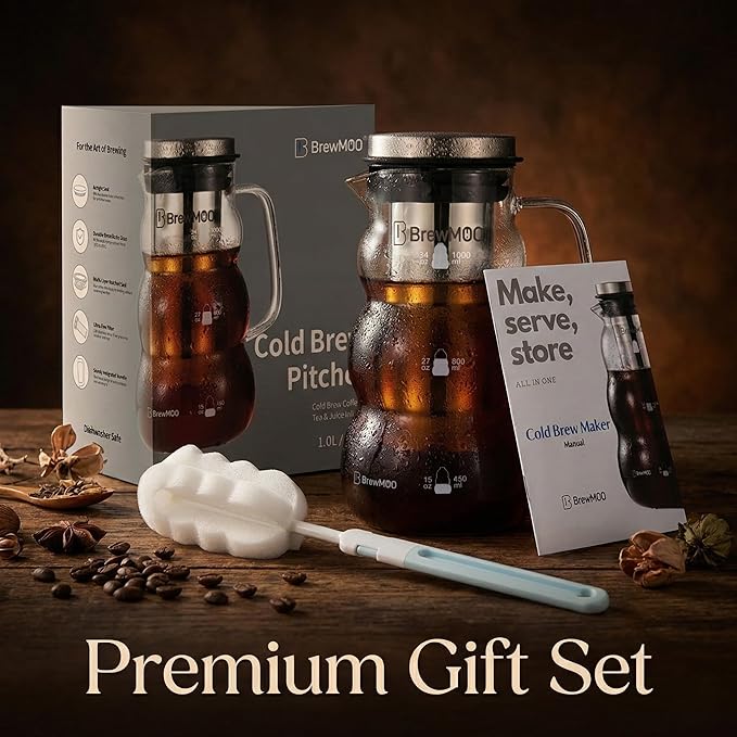BrewMOO Cold Brew Coffee Pitcher (1.0L/34oz) - Elegant Sleek Wave Borosilicate Glass Pitcher with 100um 304 Stainless Steel Filter & Airtight Lid, Efforless Mannual for Beginner, Sophisticated Gift