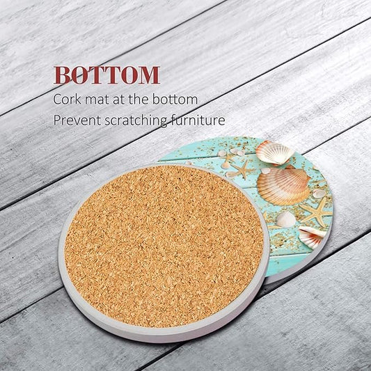 Britimes Coaster for Drinks Set of 6, Beach Seashells Wooden Nautical Wood Sand Table Coastal Absorbent Round Ceramic Stone Mat, with Cork Base and Metal Holder, Gift for Housewarming Room Bar Decor