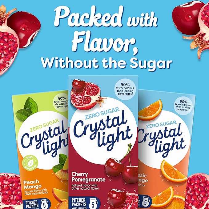 Crystal Light Zero Sugar Cherry Pomegranate Drink Mix, Naturally Flavored Powdered Beverage Packets, Low Calorie Water Flavoring for Pitchers, 10 Quarts per Box, 2.2 Oz (Pack of 12)