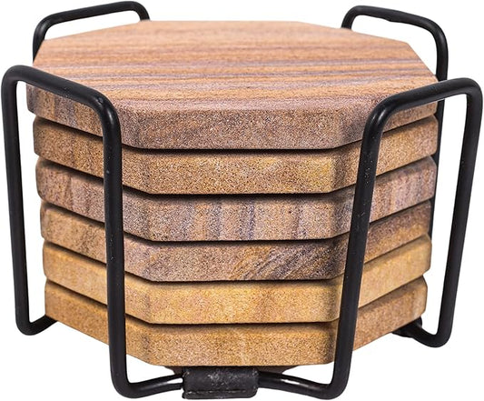 Sandstone Water Absorbent Hand Crafted Octagon Coasters with Holder for Drinks 4 Inches Wide Thirsty Stone Bar/Drink Coasters Made from Real Solid Stone (with Holder, Set of 6)
