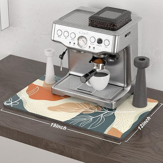 Rnivvi Coffee Mat, 12" x 19" Cute Boho Theme Coffee Bar Mats for Espresso Machine Station Accessories and Organizer, Hide Stain Rubber Backed Absorbent Dish Drying Pad for Kitchen Counter, Leaves