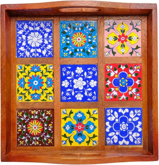 Craft Trade Mango Wood Serving Tray with Handle and 9 Fitted Floral Ceramic Tiles Wooden Platters Perfect for Breakfast Tea Coffee Snacks Dinner 30x30x8 cm Square