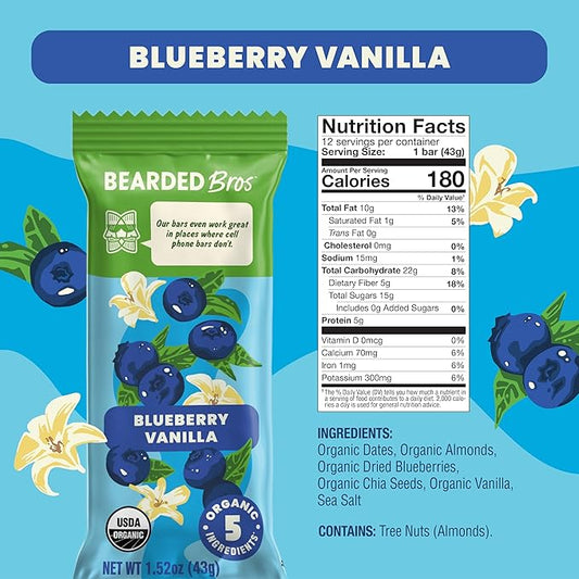 Bearded Brothers, Organic Vegan Protein Energy Bars, Blueberry Vanilla (12 Pack) - Gluten Free, Paleo, Fiber, Whole 30 | Non GMO Low Glycemic Snacks (Packaging May Vary)