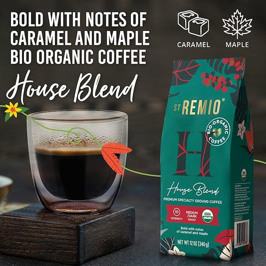 ST REMIO Ground Coffee House Blend 12 oz - Medium-Dark Roast, USDA Organic, Bio Organic, Bold Caramel And Maple Flavour, 100% Arabica Coffee Beans for Premium Specialty Drip Coffee