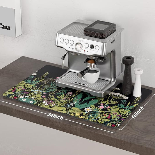 Rnivvi Coffee Mat, 16" x 24" Cute Flower Theme Coffee Bar Mats for Espresso Machine Station Accessories and Organizer, Hide Stain Rubber Backed Absorbent Dish Drying Pad for Kitchen Counter, Black