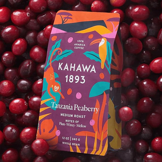Kahawa 1893 Whole Bean Coffee Medium-Roast Tanzania Peaberry Blend 12 Oz - As Seen on Shark Tank, High Antioxidants, Naturally Sweet, Organically Grown, Ethically & Sustainably Sourced